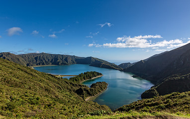 Image showing Beautiful view of the Lake in Crater Volcano Covered with Forest