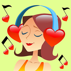 Image showing Girl listening to music with headphones in the form of a red hea