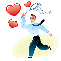 Image showing Businessman with a net catches flying red heart