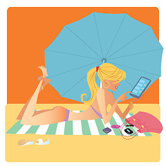 Image showing Girl in bikini on beach Mat deals on smartphone