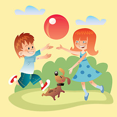 Image showing Kids and dog play outdoors in the ball