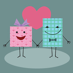 Image showing Gift packaging holding hands and smiling in the background heart