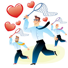 Image showing Men in search of love caught red heart butterfly net