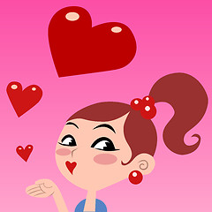 Image showing The girl gives kisses, flying red heart 