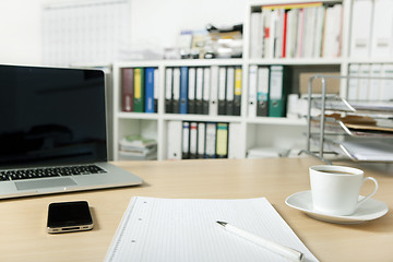 Image showing office with laptop and mobile phone