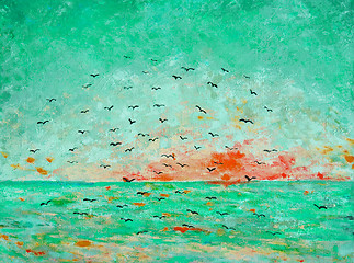 Image showing Sunset at the sea, birds in the sky