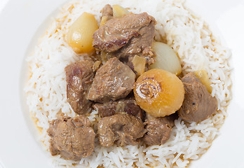 Image showing Lamb fricassee with rice from above