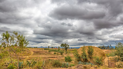 Image showing Dark clouds hovering over the fields