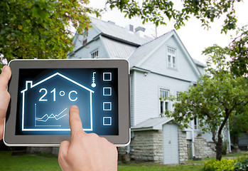 Image showing close up of man hands touching tablet pc screen