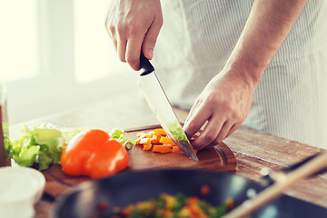 Image showing close up of male hand cutting pepper on board