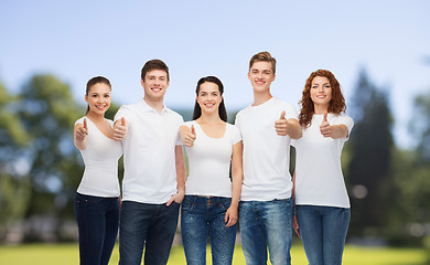 Image showing smiling teenagers in t-shirts showing thumbs up