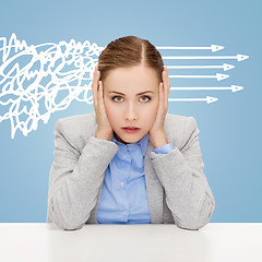 Image showing stressed woman covering her ears with hands