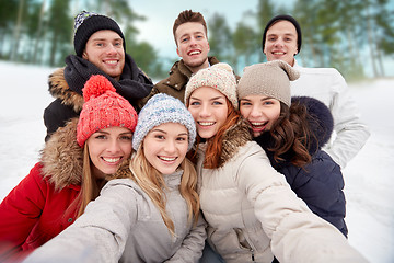 Image showing group of smiling friends taking selfie outdoors