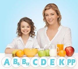 Image showing happy mother and daughter eating breakfast