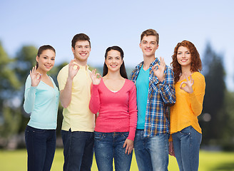 Image showing group of smiling teenagers over green park