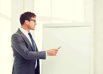 Image showing businessman pointing to flip board in office