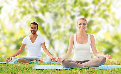 Image showing smiling couple making yoga exercises outdoors