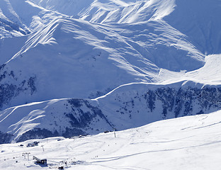Image showing Top view on ski slope at sun day