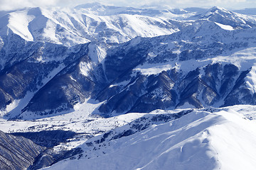 Image showing Top view on snowy mountains and off-piste slope