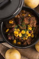 Image showing Tasty winter traditional hot pot stew with meat and vegetables 