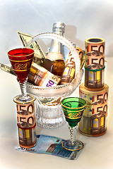 Image showing Money, wine, beautiful wine-glasses and vase