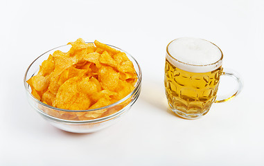 Image showing Chips and beer white background