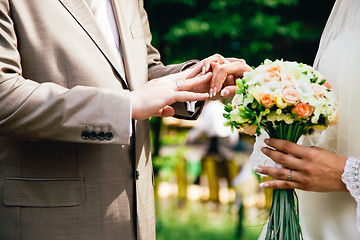 Image showing mans hand putting a wedding ring on the brides finger