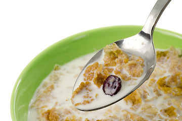 Image showing Spoonful of cereal with milk

