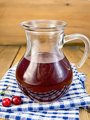 Image showing Compote cherry in glass jar on board