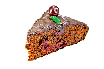 Image showing Cake chocolate with cherries and mint