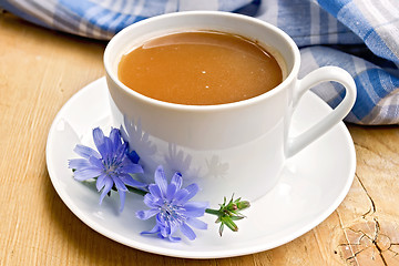 Image showing Chicory drink in white cup with flower on board