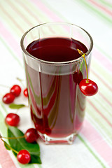 Image showing Compote cherry in glassful on tablecloth