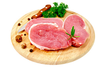 Image showing Meat pork slices with spices on round board