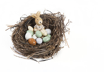 Image showing Easter nest with eggs and bunny