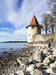 Image showing Lake Constance with rocks and tower