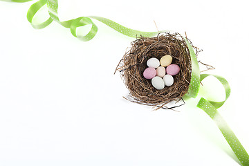 Image showing Easter basket with green ribbon