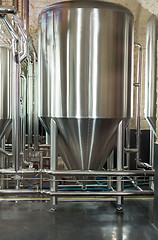 Image showing Stainless steel tank at the brewery.