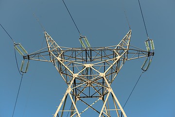 Image showing Large transmission towers at sunset