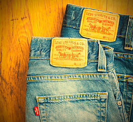 Image showing close up of the Levis yellow label on the back pocket of a two p