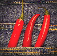 Image showing hot chili peppers in a jeans pocket