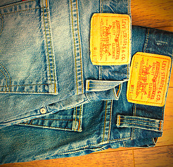 Image showing close up of the Levis yellow label on the back pocket of a two p