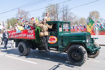 Image showing ZIS-5 truck with soldier and children on parade