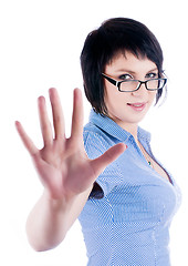 Image showing Pretty girl shows stop gesture