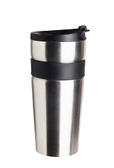 Image showing Thermos travel tumbler, cup. Closeup.