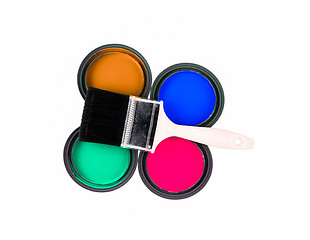 Image showing four colorful paint cans with paintbrush