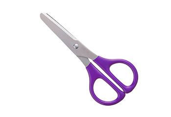 Image showing violet plastic handle closed scissors on white background.