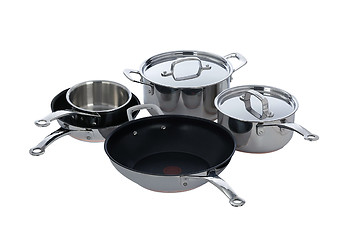 Image showing Stainless steel pots and pans isolated on white