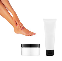 Image showing two bottles of cream and a beautiful leg women