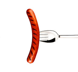 Image showing Pork sausage with fork isolated on a white background