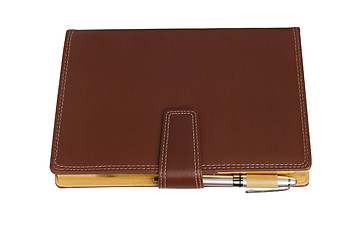 Image showing Leather notebook and pencil on white background.